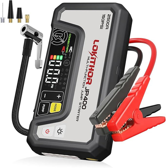LOKITHOR JP400 Jump Starter with Air Compressor, 2500A 12V Portable Car Battery Booster Pack (8.5L Gas/6.5L Diesel) with ConnectMax Tech, 150PSI Tire Inflator, Auto-Shutoff & Dynamic Dwell (White)