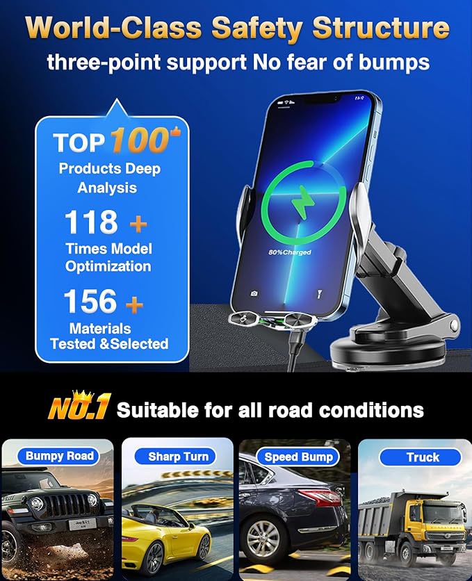 Wireless Car Charger,Mosurr 15W Auto Clamping Phone Holders for Your car fit for iPhone 16 15 14 Mini Pro Max, Samsung Galaxy S25 Ultra S24 S23+, etc, Fathers Day for Gifts (Sliver)