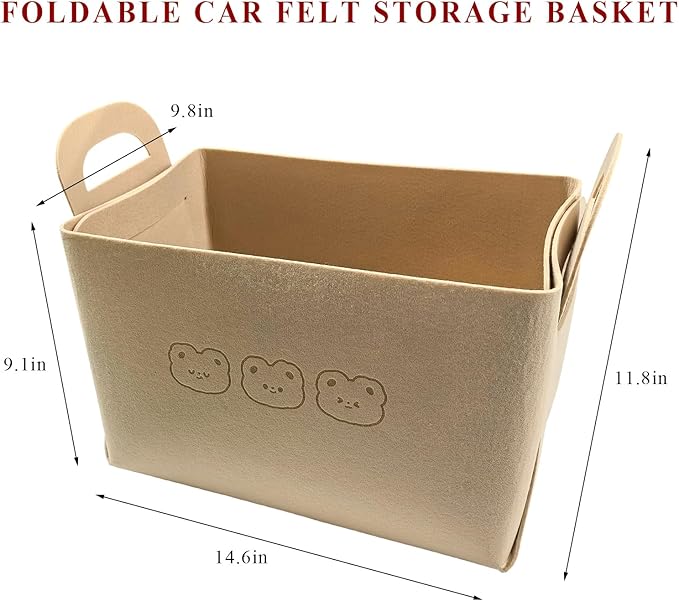 Car Trunk Organizer, Foldable Felt Basket Lightweight Storage Bin with Handles, Large Capacity Flexible Storage Bag Multipurpose Organizer for Vehicle Trunk & Backseat (Beige, 3 Bears)