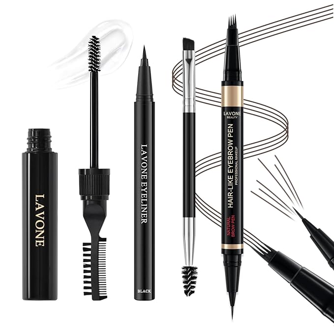 Microblading Eyebrow Pen Kit - Waterproof Brow Makeup Set with Eyebrow Pencil, Eyebrow Gel Clear, Eyeliner, Dual-ended Eyebrow Brush, Natural Looking Brows with Long-Lasting All-Day Hold - Black Brown