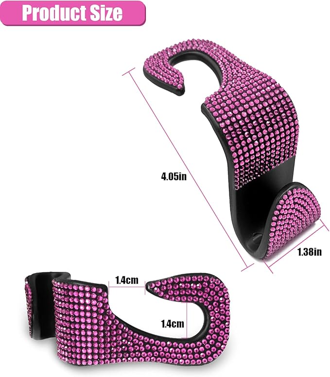 OSIFIT 2PCS Car Seat Hooks, Bling Car Rhinestone Headrest Hooks, Universal Bling Car Interior Accessories, for Handbag, Clothes, Purse, Water Bottle (Pink)
