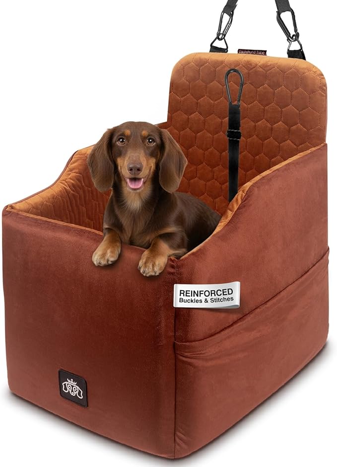 Dog Car Seat for Small Dogs, Dachshund Car Seat Booster Bed for Small Breeds – Non-Slip Base, Adjustable Straps, Washable Cover (Small Size Brown)