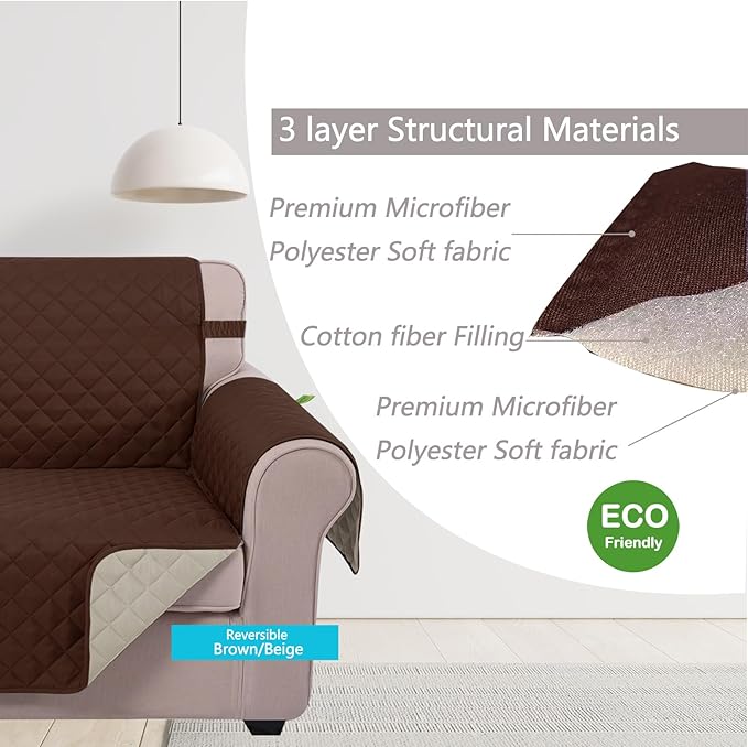 U-NICE HOME Loveseat Sofa Cover Reversible Couch Cover for Dogs with Elastic Straps Water Resistant Furniture Protector for Pets Couch Cover for 2 Cushion Couch (Loveseat, Brown/Beige)