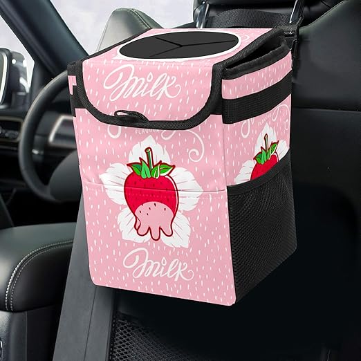 Milk Strawberry Collapsible Reusable Waterproof Trash Can with Lid - Automotive Garbage Can, Interior Car Organizer