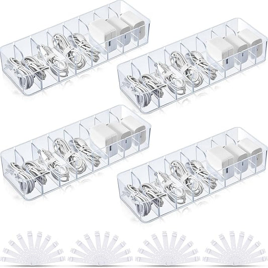 Tatuo 4 Pcs Cable Organizer with 40 Wire Ties, Plastic Cord Storage Charger Box Electronics Organizer with Adjustment Compartments Cable Storage for Drawer Home Office Desk Accessories (Clear)
