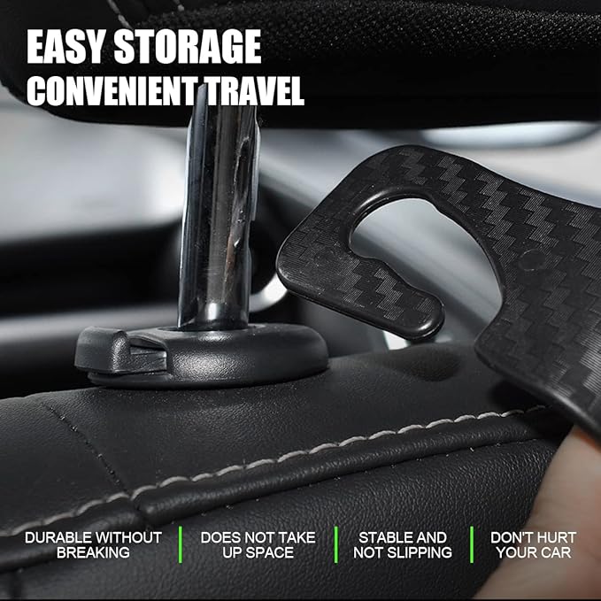 Hanemia Car Back Seat Headrest Hooks, 4 Pack Carbon Fiber Stylish Back Seat Hanger for Car Handbag Clothes Coats Grocery Bags, Car Interior Accessories (Carbon Fibre/Black)