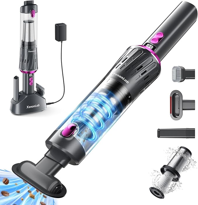 Handheld Vacuum Cordless 25000Pa Car Vacuum 3-in-1 Handheld Vacuum, Includes Smart Display and Charging Base Hand Vac Cordless Rechargeable One-Touch Empty for Home/Pet/Car (Purple)