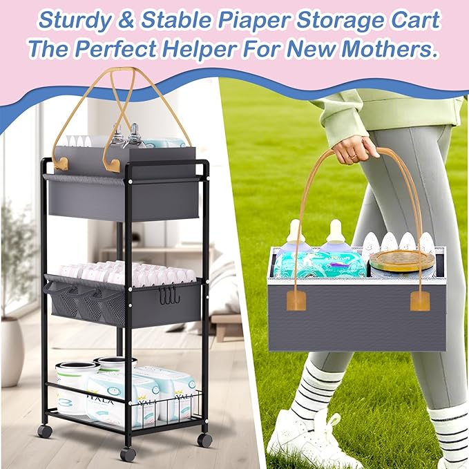 Baby Diaper Caddy Organize-3 Tier RollingDiaper Cart Newborn essentials Diaper2In1 Caddy With Dividers & Removable Diaper Caddy for Nursery Storage Bin CartBedroomBedsideChanging Table & Crib
