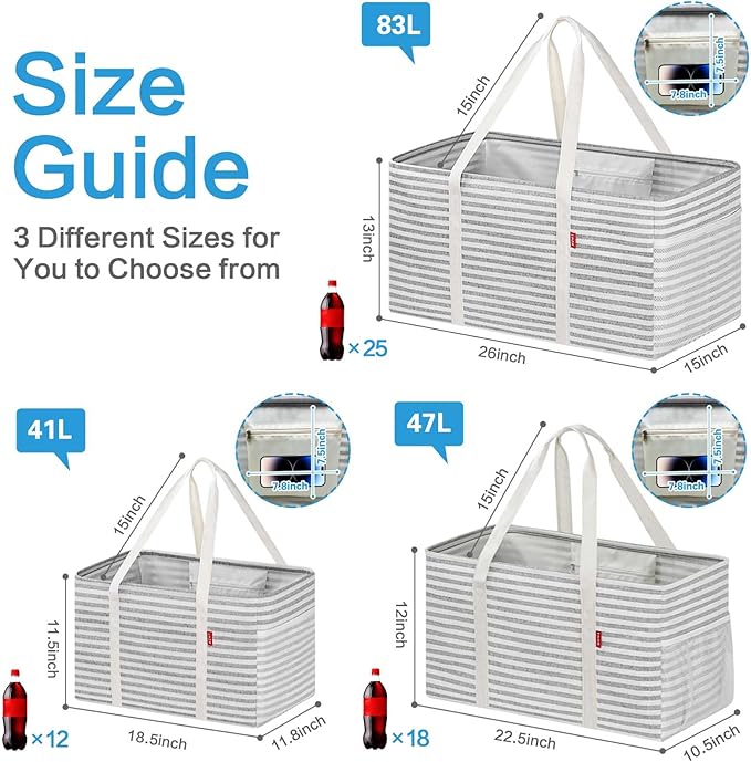 LHZK Standing Utility Tote Bag with Metal Wire Frame and the Sides Rinforced, Large Tote Bag with Handle, Reusable Grocery Bags Foldable, Beach Bag, Car Tote (Gray, 18.5''x11.8''x11.5'')