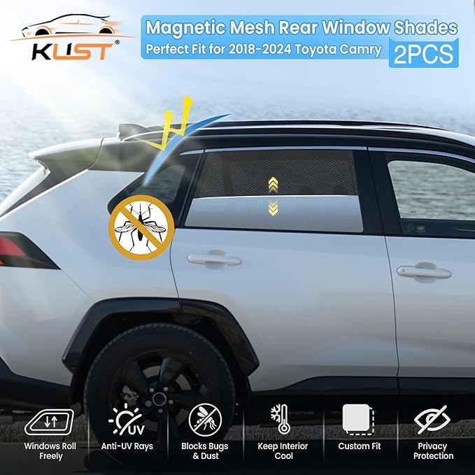 KUST Car Window Shades for 2018-2024 Toyota Camry Accessories, Breathable Mesh Magnetic Window Covers, Rear Back Side Window Sun Shades UV Block Privacy Protection for Baby Camping Napping 2PCS