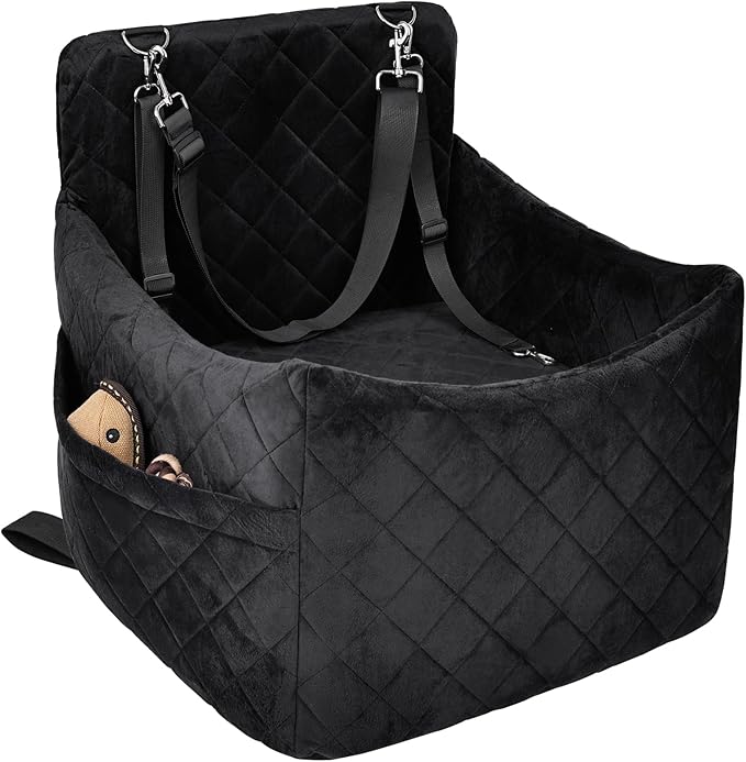 Dog Car Seat for S/M Dogs, Memory Foam Dog Booster Car Seat Up to 35lbs, Detachable Washable Pet Travel Bed with Side Pockets and 2 Safety Belts, Easy to Install (Black)