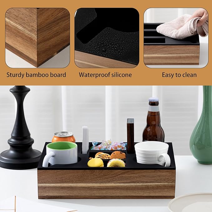 Yerliker Couch Cup Holder Tray, Silicone Lining Couch Caddy Waterproof Anti-spill Sofa Cup Holder for Bed Car Seat Organizer, Hold Mugs, Drinks, Snacks, Phones, Remotes(Rectangle,Black,Acacia)