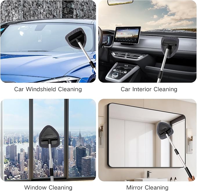 Qydipclin 10pcs Windshield Cleaner Tool, Car Window Cleaning Wash Kit with 4 Reusable Microfiber Pads 1 Spray Bottle and Extendable Handle Auto Glass Wiper Kit, Blue&Gray