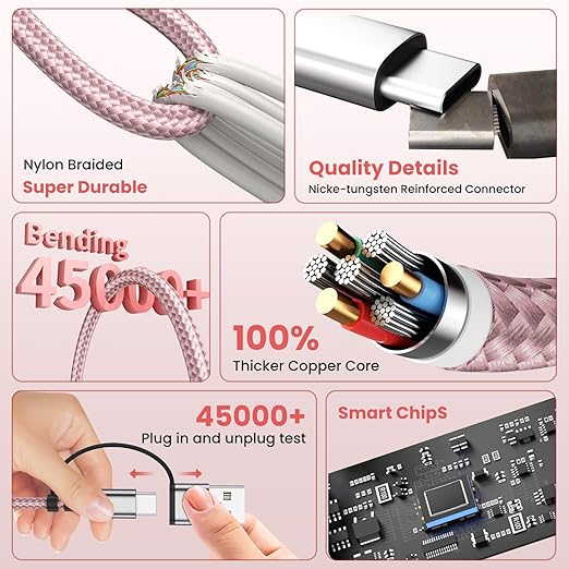 3 in 2 Multi Charging Cable for iWatch Charger/IP/USB C,Travel Cruise Essentials,Pink 1-Pack 5FT Braided USB A/C Cable Designed for Multiple Devices,Car Accessories for iWatch Ultra/SE & iPhone 17-11