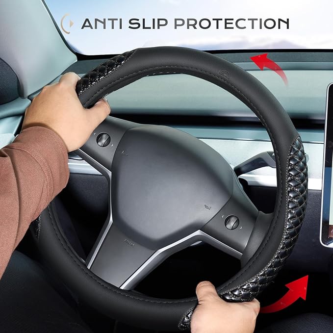 Coverado Car Steering Wheel Cover, Nappa Leather Black Steering Wheel Covers, Universal 14-15 inch, Anti-Slip, Breathable Steering Wheel Protector for Women Men