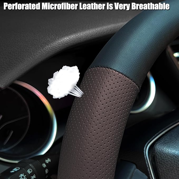 Steering Wheel Cover Standard Size 14.5-15 inch, Non-Slip Car Wheel Cover Protector, Breathable Microfiber Leather, Black and Chocolate Brown