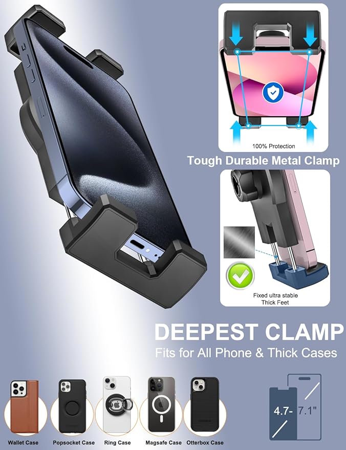 Dashboard Clip Car Phone Holder - [Thick Cases Friendly] 360° Adjustable Dash Clamp Phone Holders for Your Car Mount Accessories for iPhone 17 Pro Max Air 16 15 14 13 12 Plus, Android, All Smartphones