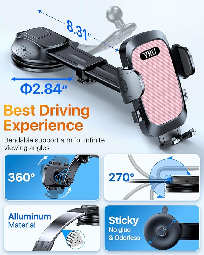 YRU [2026 Ultimate Car Phone Holder Mount [Bendable & Adjustable Aluminum Arm] Cell Phone Holder for Car Dashboard Windshield Phone Stand for iPhone 17 16 15 14 Pro Max Samsung Pickup Truck, Pink