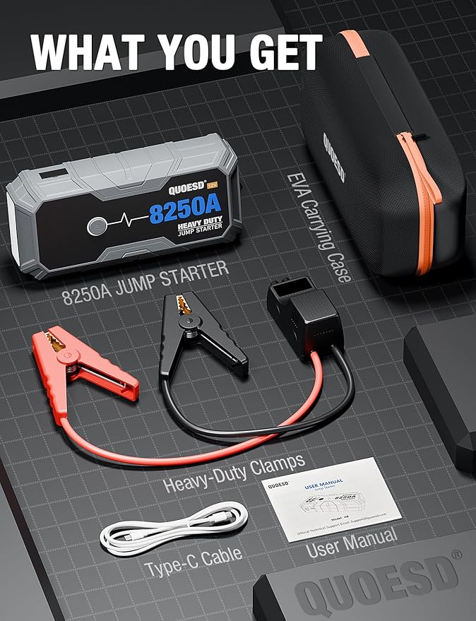 8250A Jump Starter Battery Jump Starter Battery Pack (for All Gas or 10.0+L Diesel), 12V Potable Heavy Duty Car Jump Start with 60W Power Bank 24-Months Stand-by Time