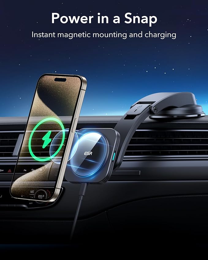 ESR for MagSafe Car Mount Charger, Dashboard Magnetic Wireless Car Charger Mount, Compatible with MagSafe Car Charger, for iPhone 16/15/14/13/12 Series, Fast Charging, Car Accessories, Black
