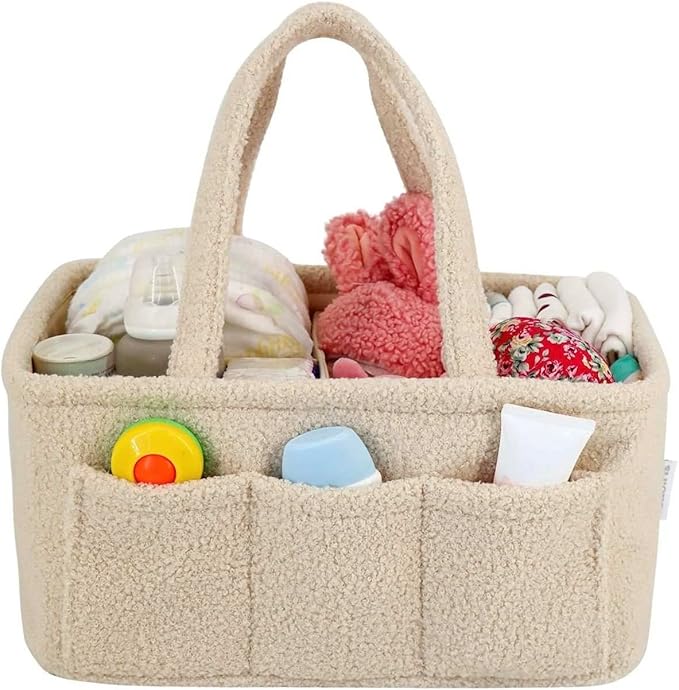 Baby Diaper Caddy Organizer – Soft Beige Sherpa with 3 Removable Compartments & 6 Side Pockets – Perfect Nursery Storage Bin & Car Organizer for Diapers, Baby Wipes, and Essential Supplies.