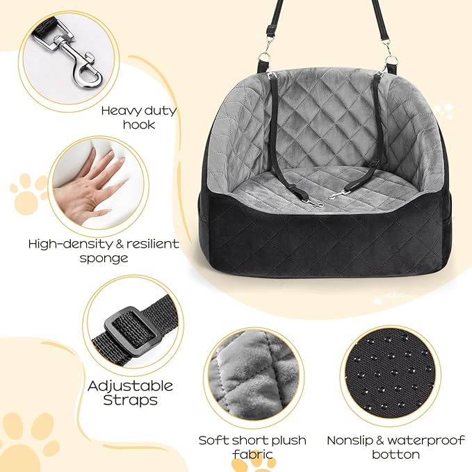Dog Car Seat for Small Dogs Up to 30 Lbs, Pet Travel Safety Bed for Puppy Cat, Fits in Front/Back Seat, Anti Slip Base, Fully Detachable Washable with 2 Safety Tether(Grey-Black)