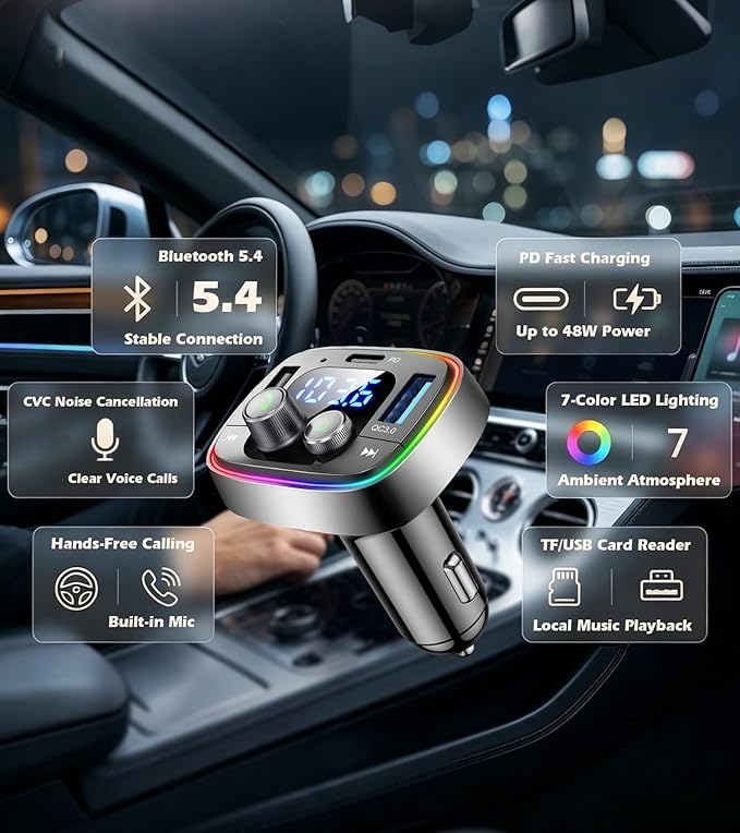 LIHAN USB C Bluetooth 5.4 Car Adapter, Wireless Upgrade Audio System for Non-Bluetooth Vehicles, FM Radio Transmitter, 48W Fast Charging, Stable Hands-Free Calling, MP3 Music Player, Support USB/TF