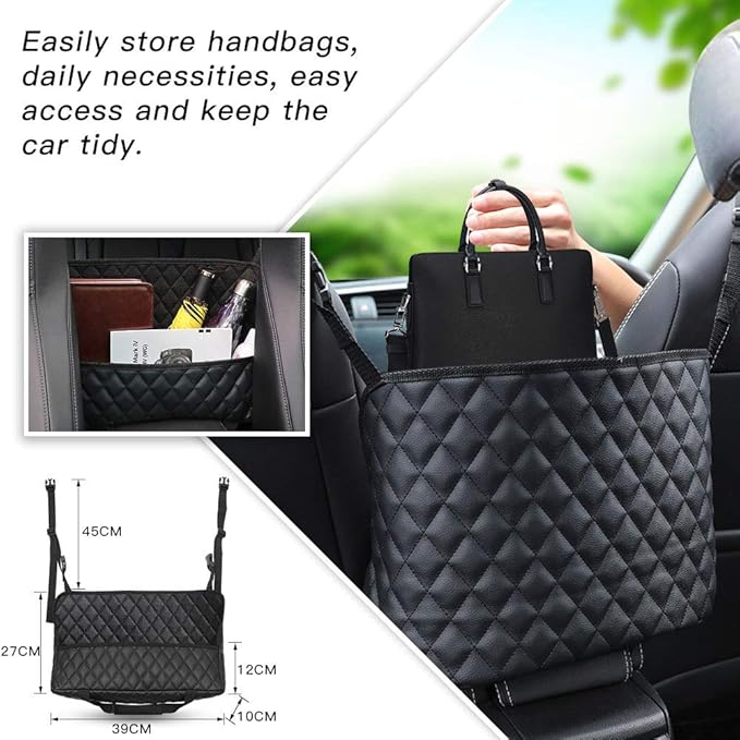 QBUC Car Handbag Holder, Leather Seat Back Organizer Mesh Large Capacity Bag Holder, Barrier of Backseat Pet Kids, Car Purse Storage & Pocket, for Purse Storage Phone