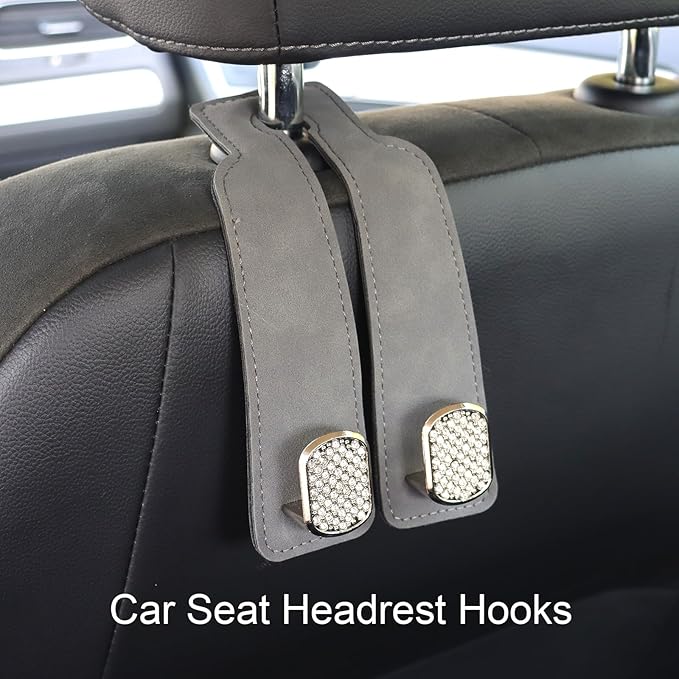 Purse and Bag Hook for Car, Zinc Alloy Seat Headrest Hooks, Upgraded Leather Cute Car Seat Back Purses Hanger and Bags Holder (Grey Diamond, 2Pack)
