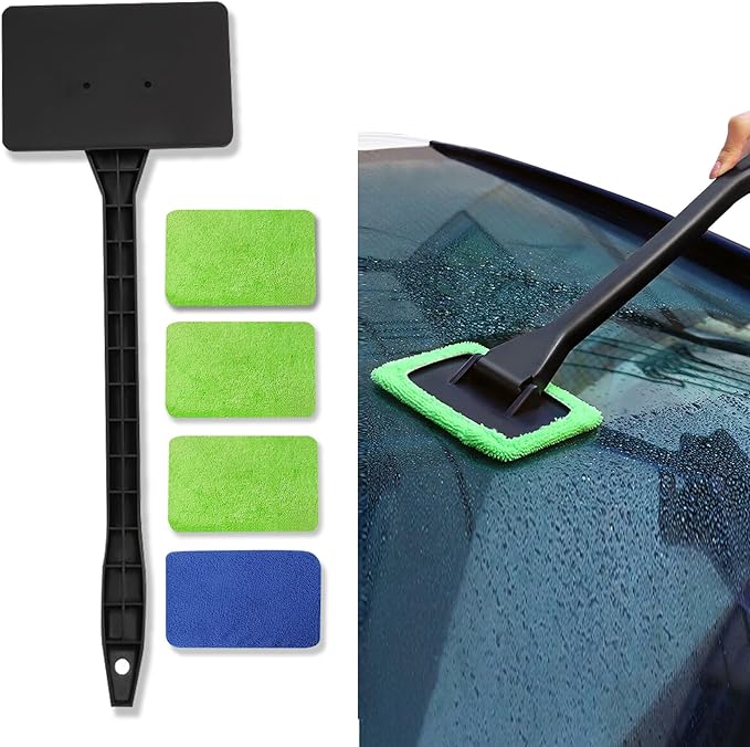 Windshield Cleaner, Window Cleaner Tool, Microfiber Window Cleaning Tool with 4 Washable and Reusable Cloth Pad Head & Extended Handle, Car Accessories for windshield Cleaning