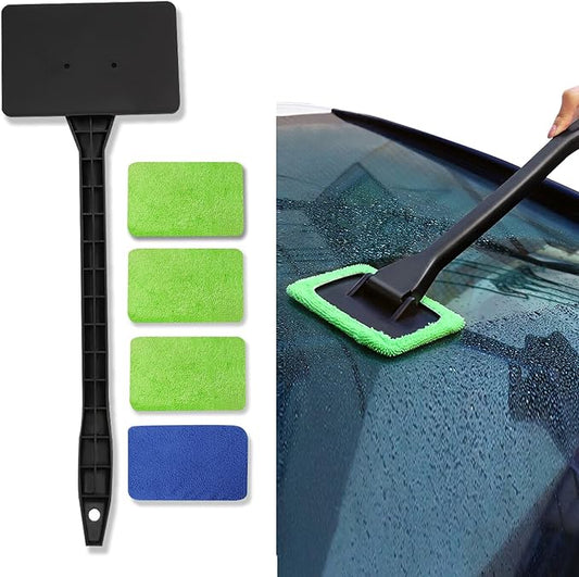 Windshield Cleaner, Window Cleaner Tool, Microfiber Window Cleaning Tool with 4 Washable and Reusable Cloth Pad Head & Extended Handle, Car Accessories for windshield Cleaning