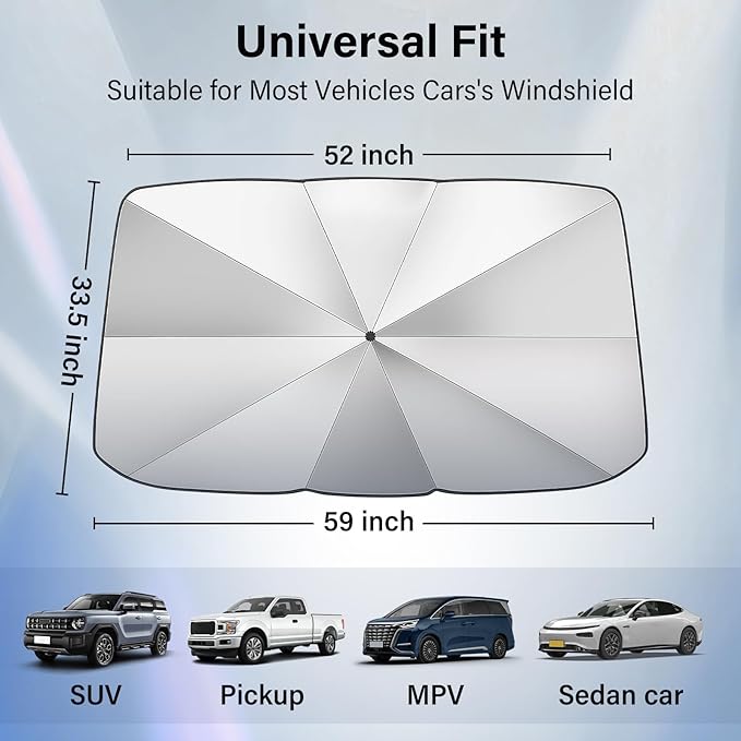 Windshield Sun Shade Umbrella - Foldable Car Window Shades, Reflective Car Sun Shade Windshield, Front Sun Shade for Cars Windshield for Hatchback, Truck, SUV, MPV (57"x31.5")