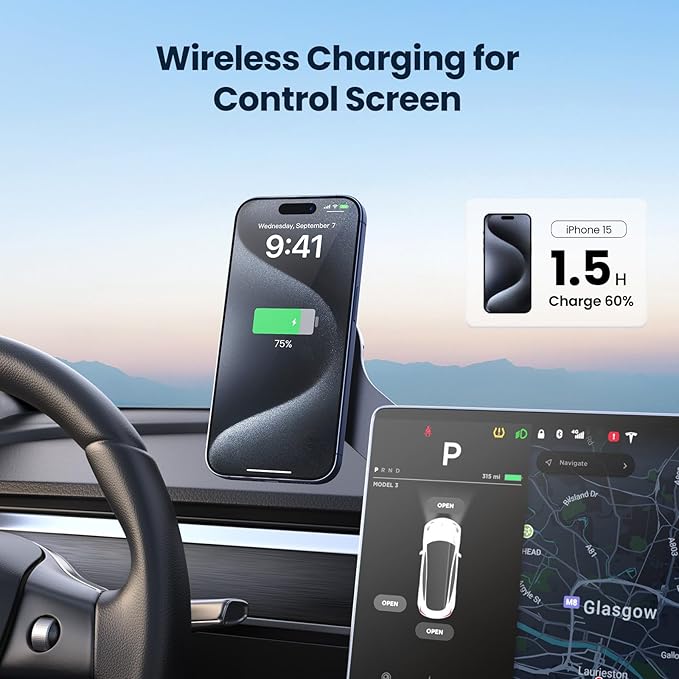 UGREEN Magnetic Wireless Car Charging Phone Mount, Phone Holder Compatible with Tesla Model 3/Y iPhone 17/17 Air/17 Pro/17 Pro Max/16/15/14/13/12 Series