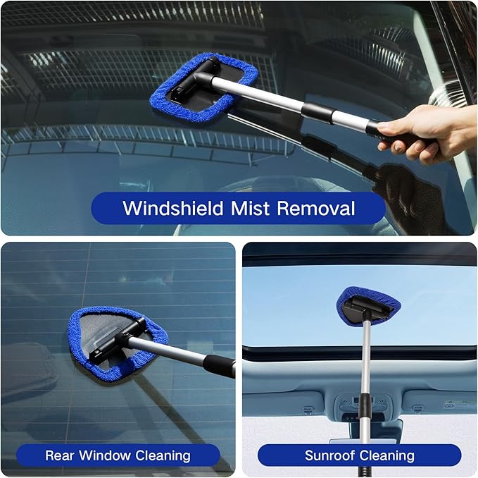 Qydipclin 10pcs Windshield Cleaner Tool, Car Window Cleaning Wash Kit with 4 Reusable Microfiber Pads 1 Spray Bottle and Extendable Handle Auto Glass Wiper Kit, Blue&Gray