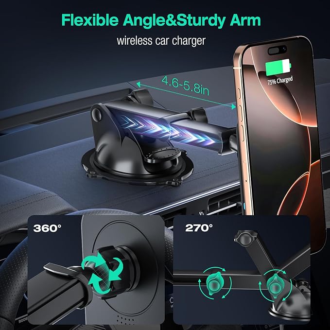 MAGJIEYX for MagSafe Car Mount Charger, (15W Fast Charging) Magnetic Wireless Charging Phone Holder Fits iPhone 16/15/14/13/12 Pro Max Plus/MagSafe Case on Dash/Windshield/Air Vent/Desk Bumpy Roads