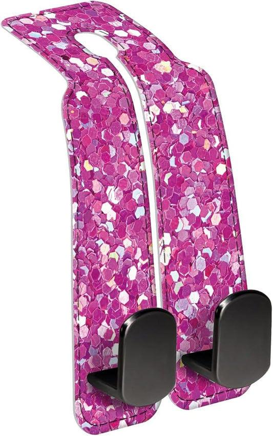 Car Seat Back Storage Headrest Hook, Premium Leather Double Metal Hook, Hanger Storage Organizer for Purse Cloth Bag, Car Interior Accessories Glitter Pink Pattern