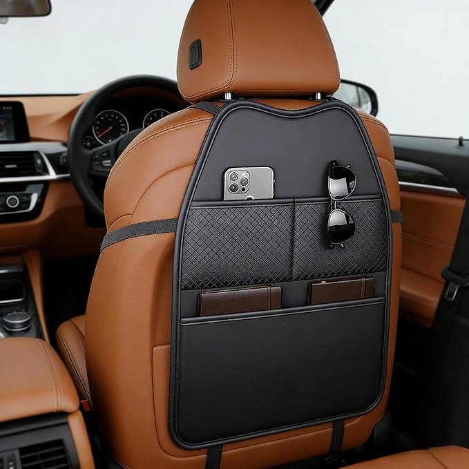 2 Pack Seat Back Protector - Leather Kick Mat with Storage Pockets, Front & Back Seat Cover for Kids -Large Capacity Car Seat Organizers and Storage for Child, Splashproof & Easy Clean