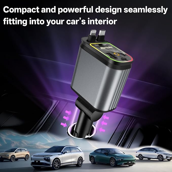 BERTHALESS Retractable Car Charger, 4 in 1 Fast Charging Car Charger USB-C & USB-A Compatible with iPhone 16/15/14/13/12/11,Galaxy,Pixel