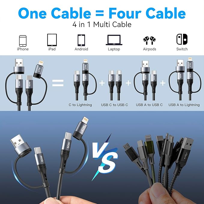 Coiled Lightning Cable [2Pack 4FT] 4 in 1 Multi Charging Cable 60W Fast Charging Retractable Charger Cord for iPhone 17/16/15/14/13/12/11 Pro Max/XS MAX/XR/XS/X/8/7/6 Plus/iPad/AirPods/MacBook/CarPlay