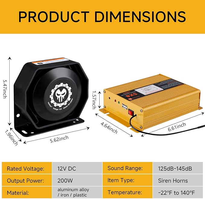 Police Siren Speaker PA System Kit 12V Warning Emergency Siren 200W 125-145dB Remote Control with Handheld Microphone for Ambulance Vehicles Truck Car SUV ATV UTV