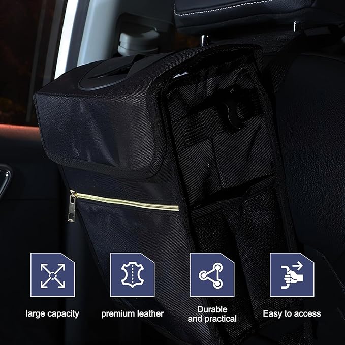 Car Trash Can with Lid, Hanging Garbage Can with Storage Pockets, 9.84 x 5.91x 9.84" Multipurpose Portable Trash Bin, Universal Car Essentials for SUV Truck (Black)