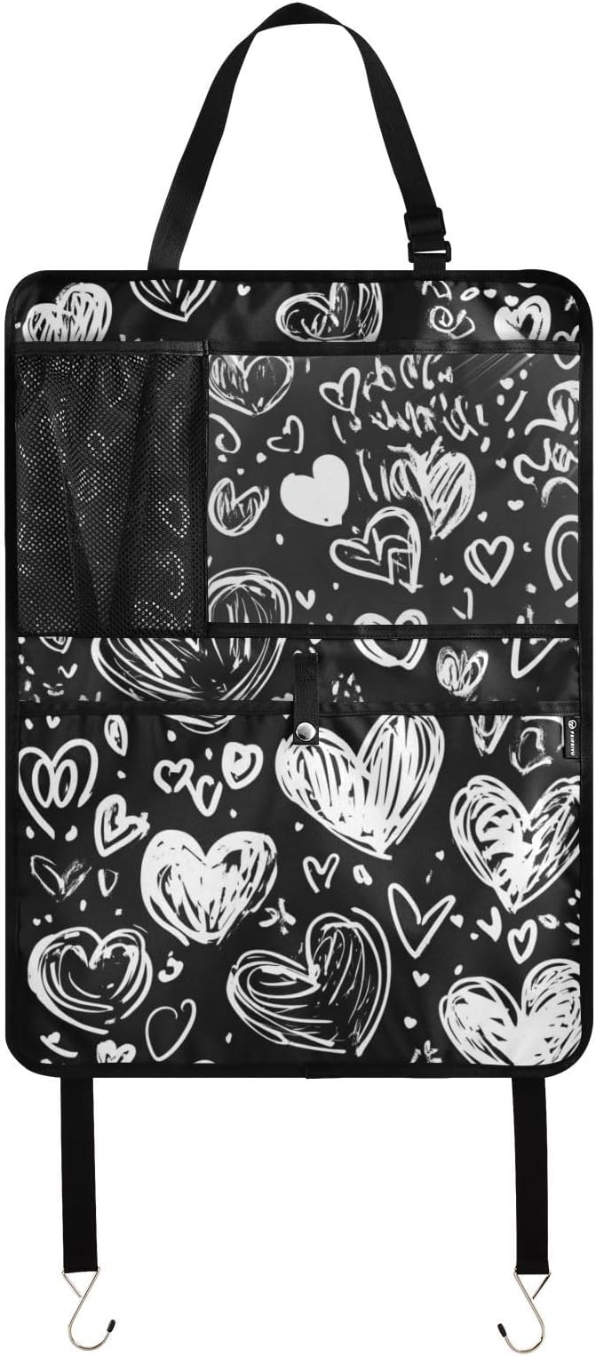 White Dodle Hearts 2 Pack Backseat Car Organizer with Storage Pockets Seat Back Organizers for Kids Kick Mats Backseat Protector Automotive