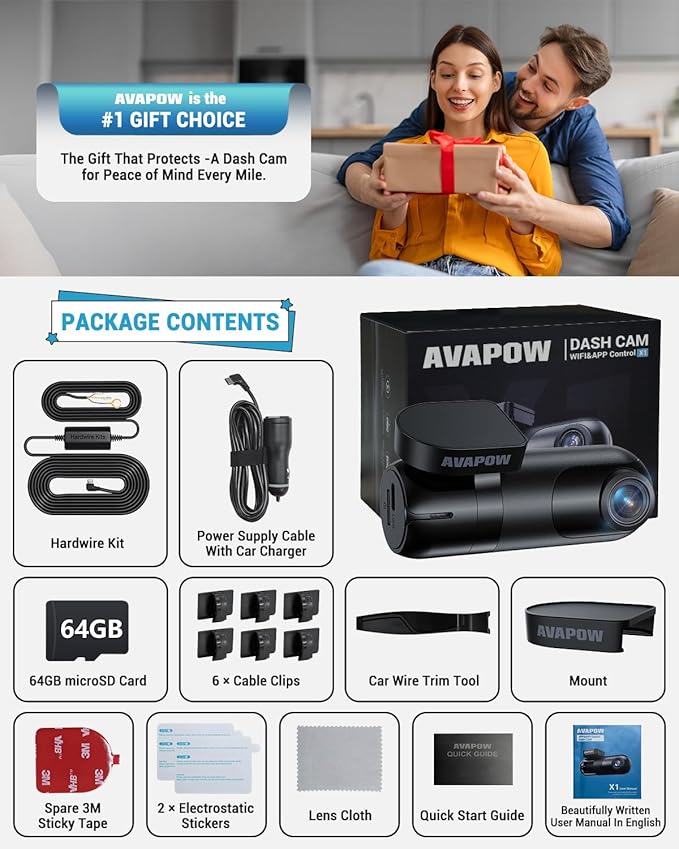 AVAPOW 4K Dash Cam Front for Cars, Free Hardwire Kit & 64GB Sd Card Included – WiFi 6, App Control, UHD 2160P, Built-in G-Sensor, Loop Recording, Night Vision, 170° Wide Angle, 24H Parking, WDR