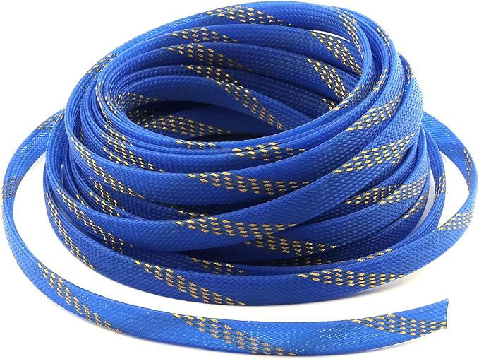 Aicosineg Cable Sleeve Braided Sleeving PET Wire Loom Tubing Cable 32.81ft-4/9inch Wrap Protector for HiFi Audio and Video Headphone Cable Protect Wires from Chewing of Pets Blue and Gold