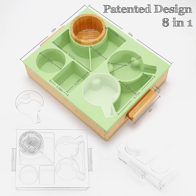 Nnewvante Divided Cup Holder Tray, 8 in 1 Serving Tray with Handle for Sofa Bed RV Car Organizer Caddy Movie Night Snack Trays, Bamboo and BPA Free Silicone, Green