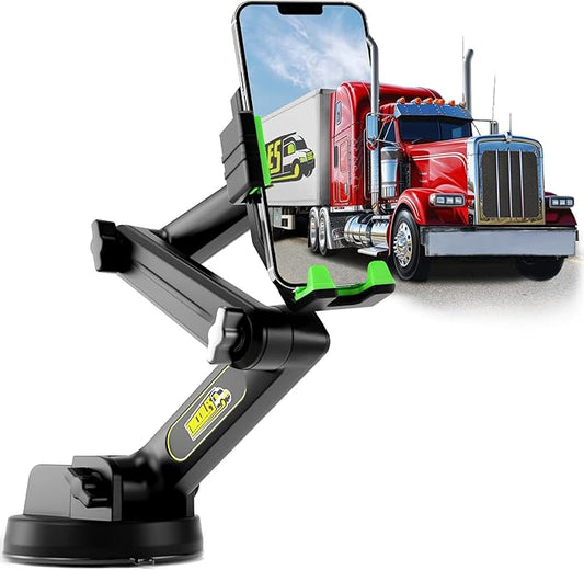 Cell Phone Mount for Truck Phone Holder for Truck Drivers - Heavy Duty Suction Cup + Dashboard Pad, iPhone Holder for Dashboard Window 16.9 inch Long, for iPhone & Samsung, Big Rig Trucker, Green
