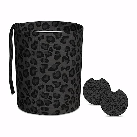 Car Trash Bag Leopard Print Black Hanging Back of Seat Car Portable Trash Bag Leopard Print Black Waterproof One-Handed Portable Strap Drawstring Garbage Bags 2 Pieces Car Coasters