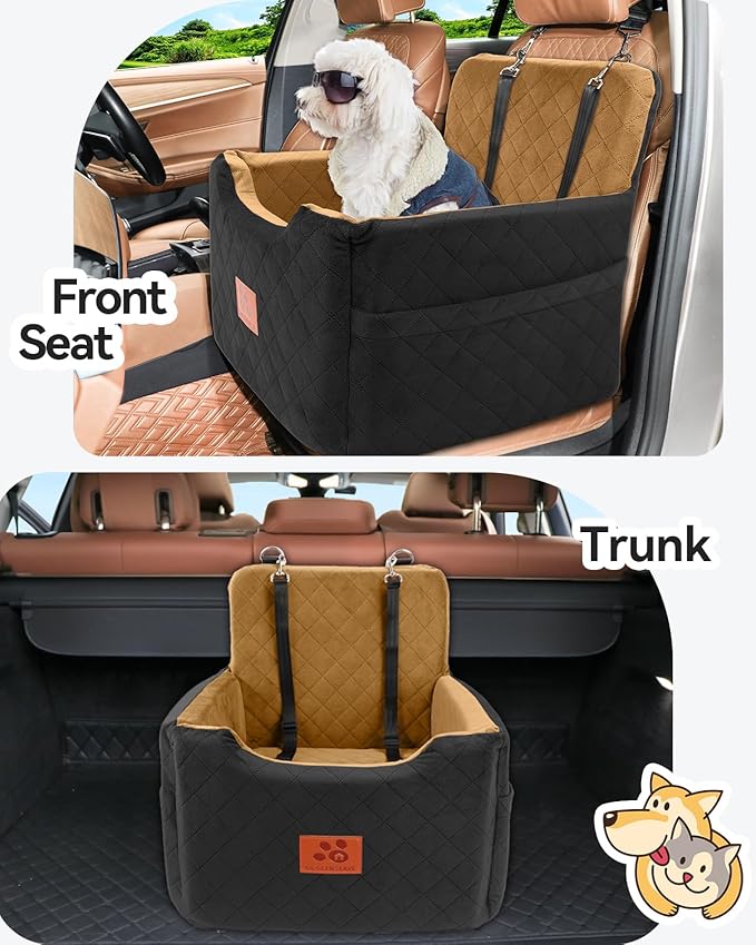 GL GLENSLAVE Dog Car Seat for Small/Medium Dogs Under 35lbs,Memory Foam Dog Booster Seats,Detachable and Washable Traval Pet Car Seat, Dogs Bed with 2 Safety Belts (Black/Coffee)