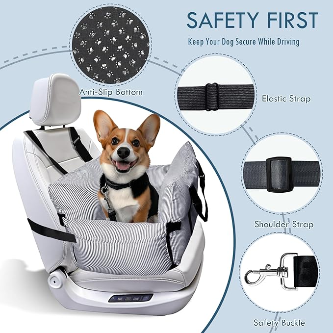 Dog Car Seat for Small/Medium Dogs Under 40 lbs - Elevated Pet Seat with Safety Belt, Non-Slip Base, and Storage Pockets for Car Travel,Navy