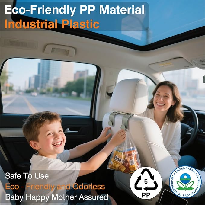 Car Seat Hooks & Purse Holder - 4 Pack Boxed,55 lb Heavy Duty,Eco PP Car Hooks for Purse/Bag/Baby Gear/Gym Bag/Groceries/Cup/,Fits 0.32-0.55”Car Headrest Rods (Grey-2)